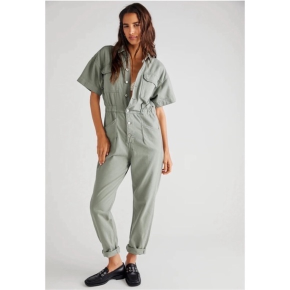 Free People Marci Denim Jumpsuit Collared Short Sleeves Sage Green Size XL Women - Picture 1 of 12